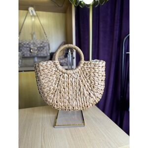 Natural Woven Straw Crescent Handbag Turquoise Lining Boho Summer Tote Bag